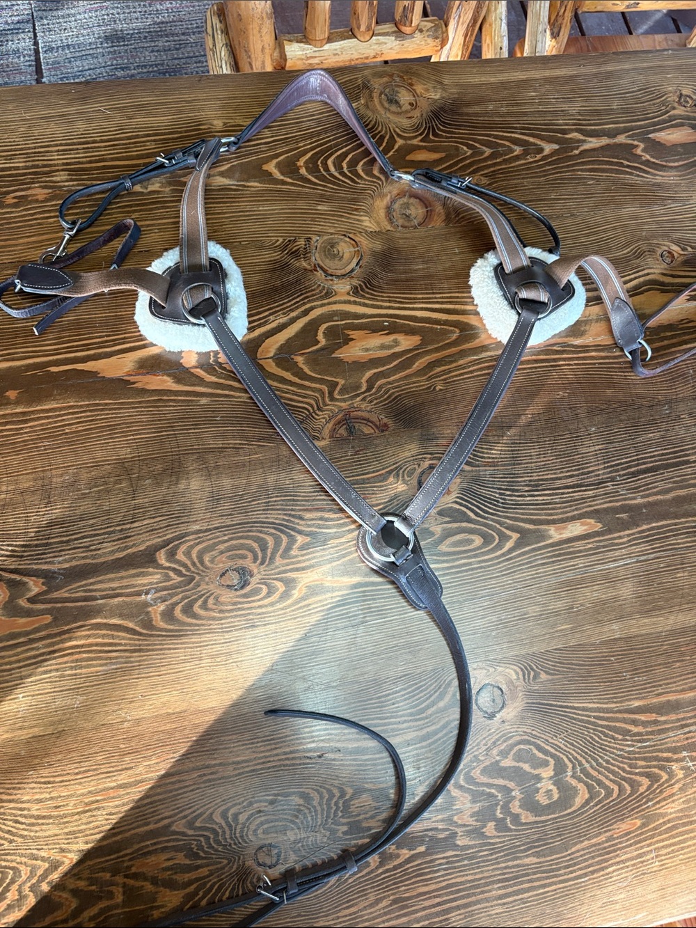 Brown Leather Horse Breast Collar with Sheepskin. Brand is Henri D Rivel